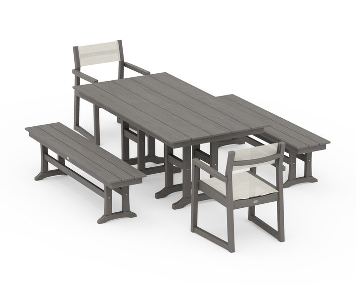 POLYWOOD® EDGE Sling Arm Chair 5-Piece Farmhouse Dining Set with Benches