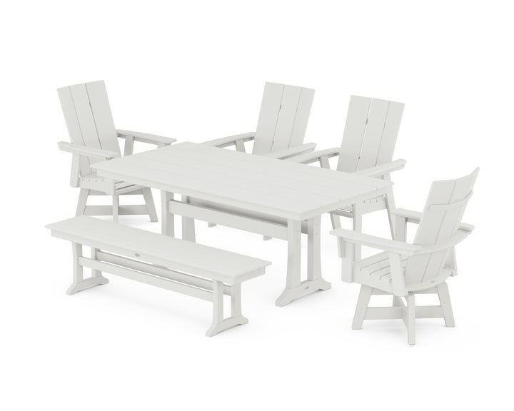 POLYWOOD® Modern Curveback Adirondack Swivel Chair 6-Piece Farmhouse Dining Set With Trestle Legs and Bench