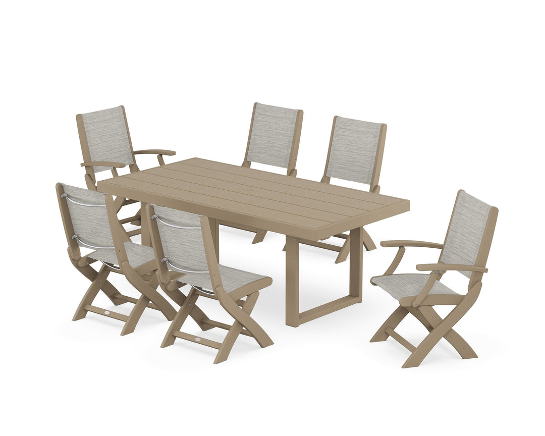 POLYWOOD® Coastal Folding Chair 7-Piece Dining Set with Trestle Legs