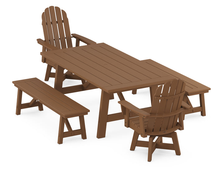 POLYWOOD® VineyardCurveback Adirondack Swivel Chair 5-Piece Rustic Farmhouse Dining Set With Benches