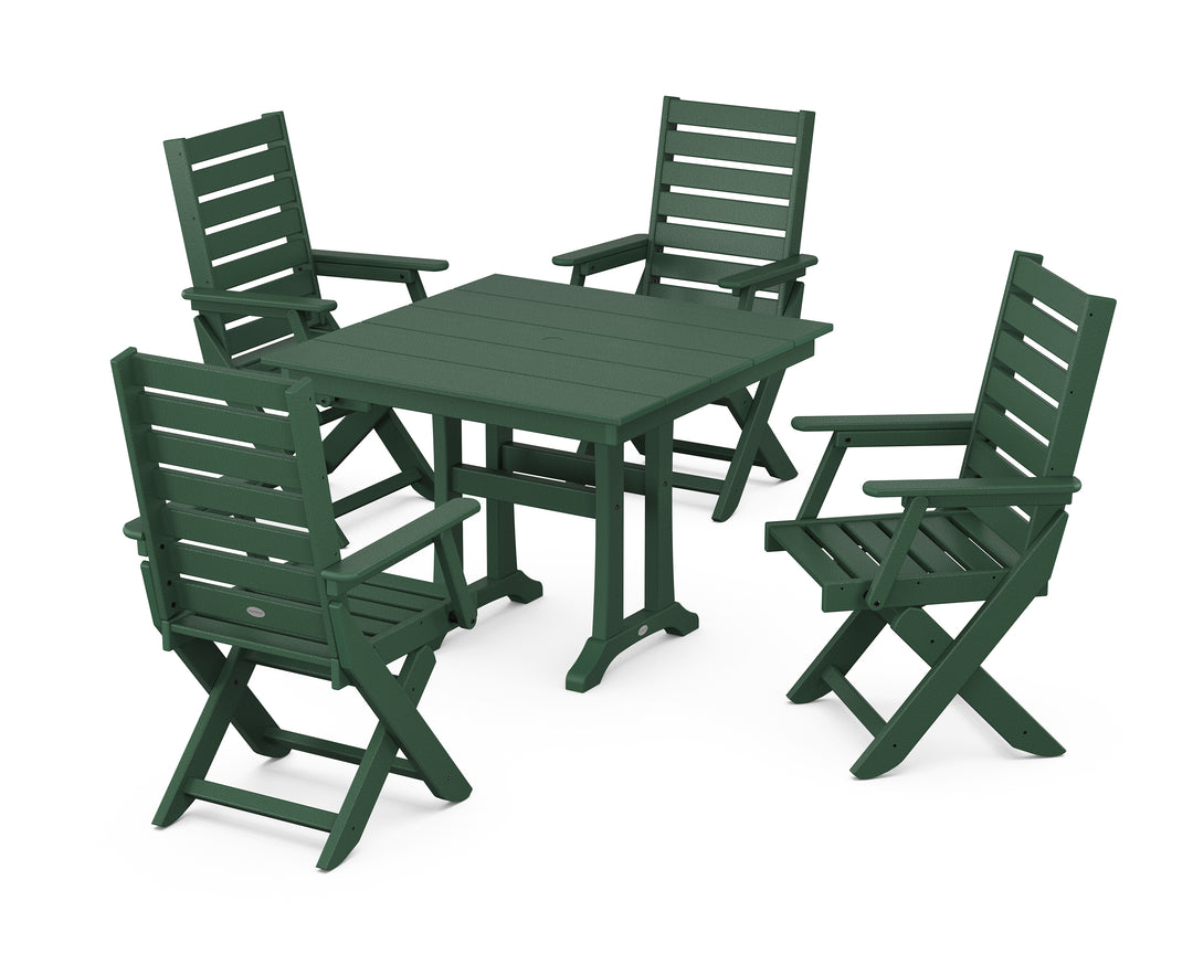 POLYWOOD® Captain Folding Chair 5-Piece Farmhouse Dining Set With Trestle Legs