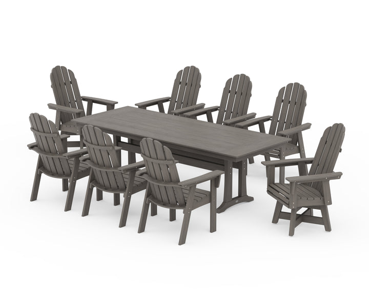 POLYWOOD® Vineyard 9-Piece Curveback Adirondack Swivel Farmhouse Dining Set with Trestle Legs