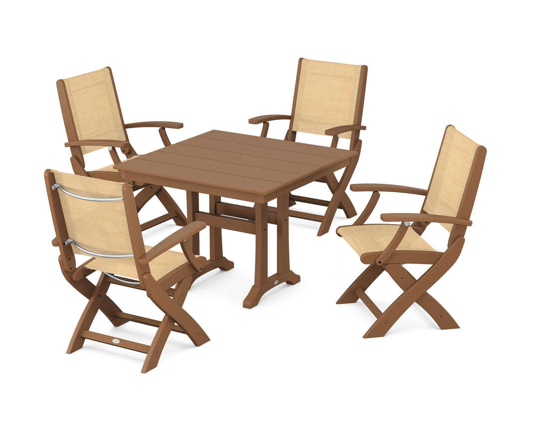 POLYWOOD® Coastal Folding Chair 5-Piece Farmhouse Dining Set With Trestle Legs