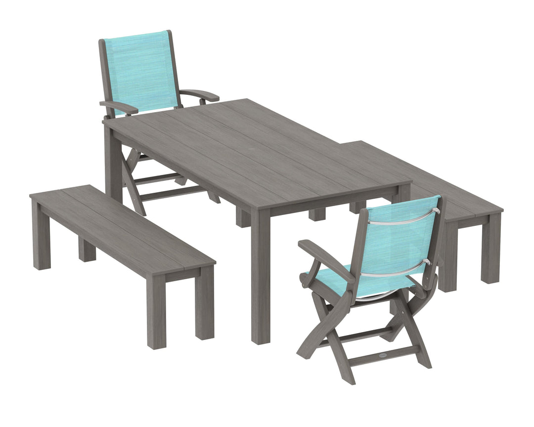POLYWOOD® Coastal Folding Chair 5-Piece Parsons Dining Set with Benches