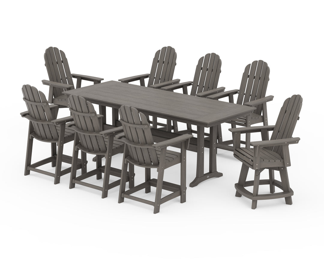POLYWOOD® Vineyard Curveback Adirondack Swivel 9-Piece Farmhouse Counter Set with Trestle Legs