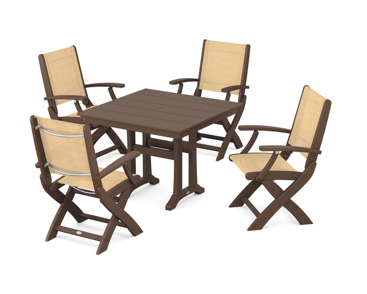 POLYWOOD® Coastal Folding Chair 5-Piece Farmhouse Dining Set With Trestle Legs
