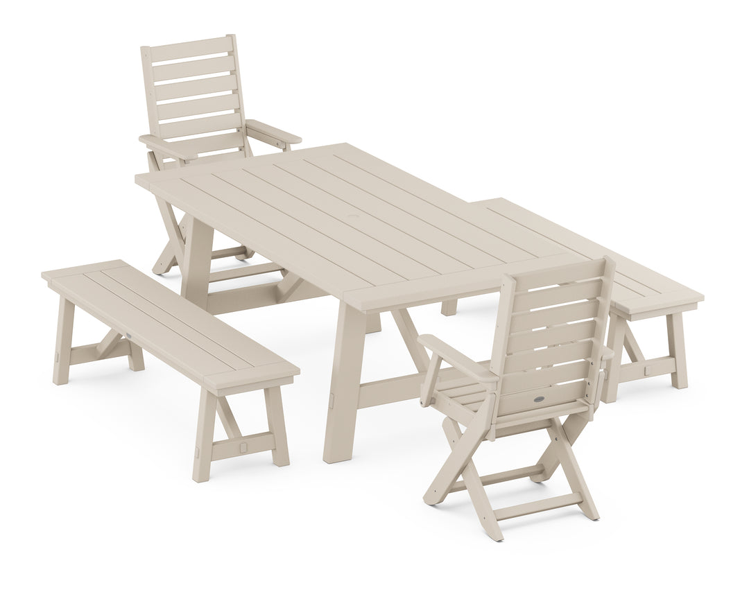 POLYWOOD® Captain Folding Chair 5-Piece Rustic Farmhouse Dining Set With Benches
