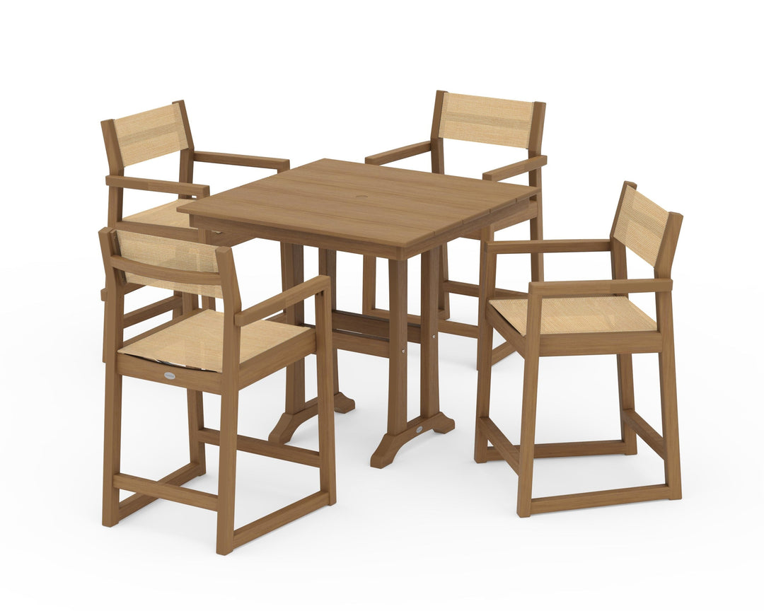 POLYWOOD® EDGE Sling Arm Chair 5-Piece Farmhouse Counter Set with Trestle Legs