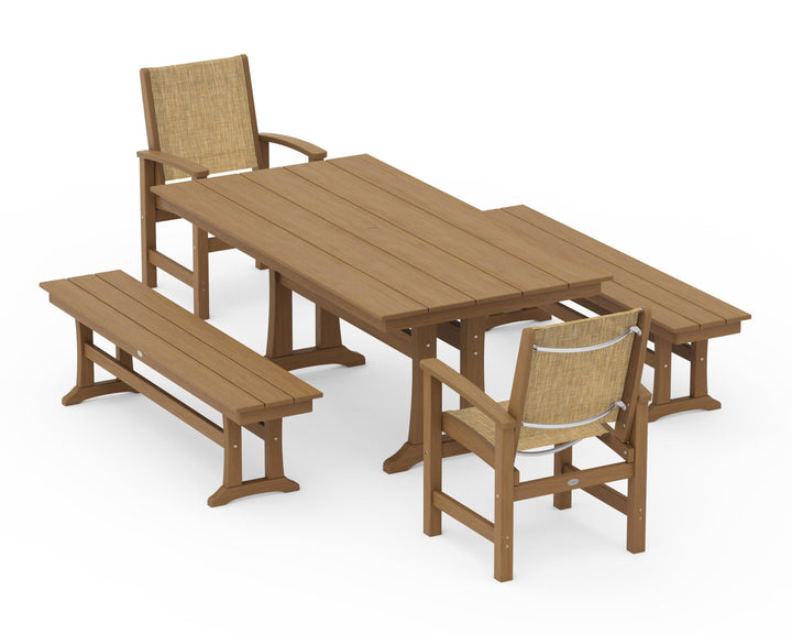 POLYWOOD® Coastal 5-Piece Farmhouse Dining Set with Trestle Legs and Benches