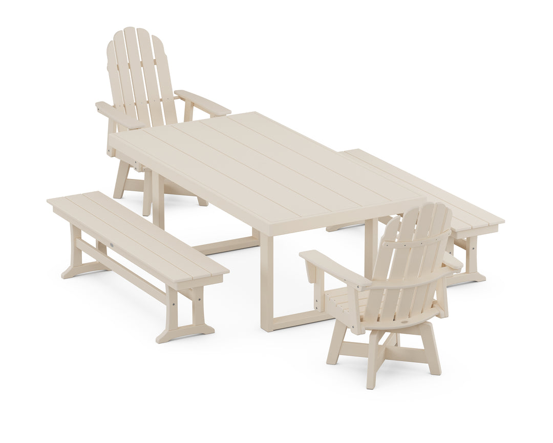 POLYWOOD® Vineyard Curveback Adirondack Swivel Chair 5-Piece Dining Set with Benches