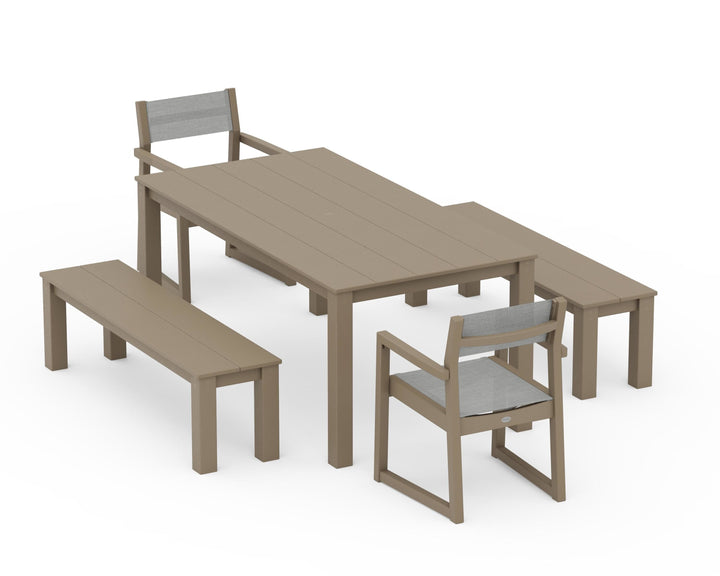 POLYWOOD® EDGE Sling Arm Chair 5-Piece Parsons Dining Set with Benches