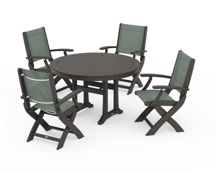 POLYWOOD® Coastal Folding Chair 5-Piece Round Dining Set with Trestle Legs