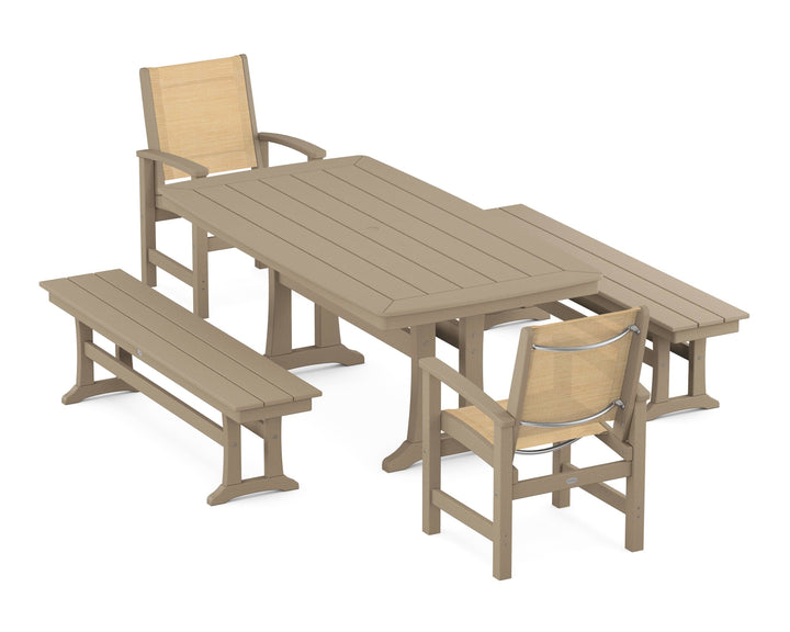 POLYWOOD® Coastal 5-Piece Dining Set with Trestle Legs and Benches