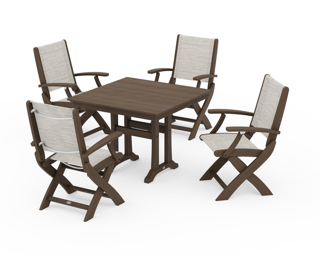 POLYWOOD® Coastal Folding Chair 5-Piece Farmhouse Dining Set With Trestle Legs