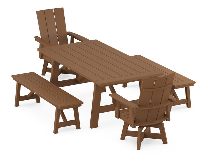 POLYWOOD® Modern Curveback Adirondack Swivel Chair 5-Piece Rustic Farmhouse Dining Set With Benches