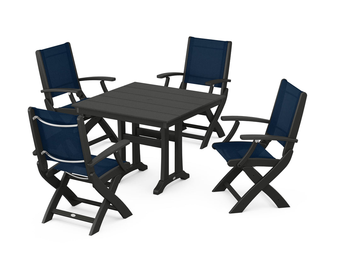 POLYWOOD® Coastal Folding Chair 5-Piece Farmhouse Dining Set With Trestle Legs