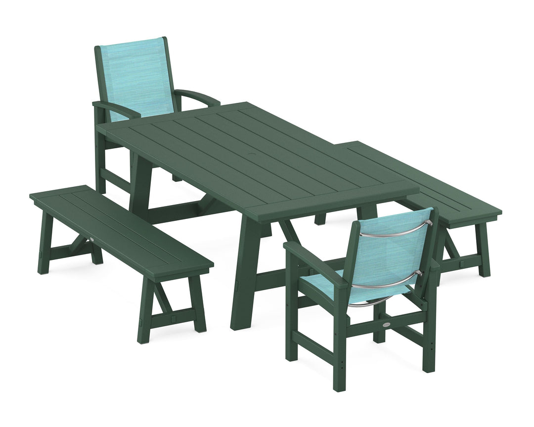 POLYWOOD® Coastal 5-Piece Rustic Farmhouse Dining Set With Benches