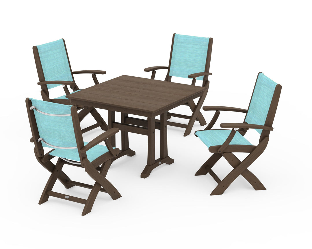 POLYWOOD® Coastal Folding Chair 5-Piece Farmhouse Dining Set With Trestle Legs