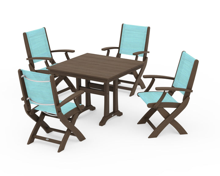 POLYWOOD® Coastal Folding Chair 5-Piece Farmhouse Dining Set With Trestle Legs