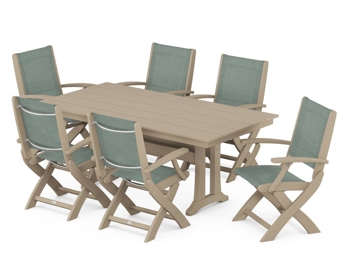 POLYWOOD® Coastal Folding Arm Chair 7-Piece Farmhouse Dining Set with Trestle Legs