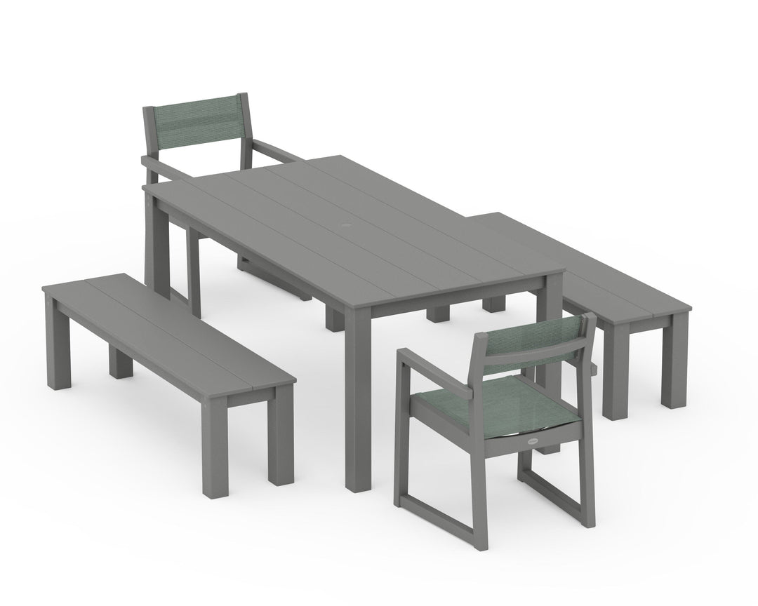 POLYWOOD® EDGE Sling Arm Chair 5-Piece Parsons Dining Set with Benches