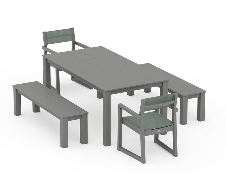 POLYWOOD® EDGE Sling Arm Chair 5-Piece Parsons Dining Set with Benches