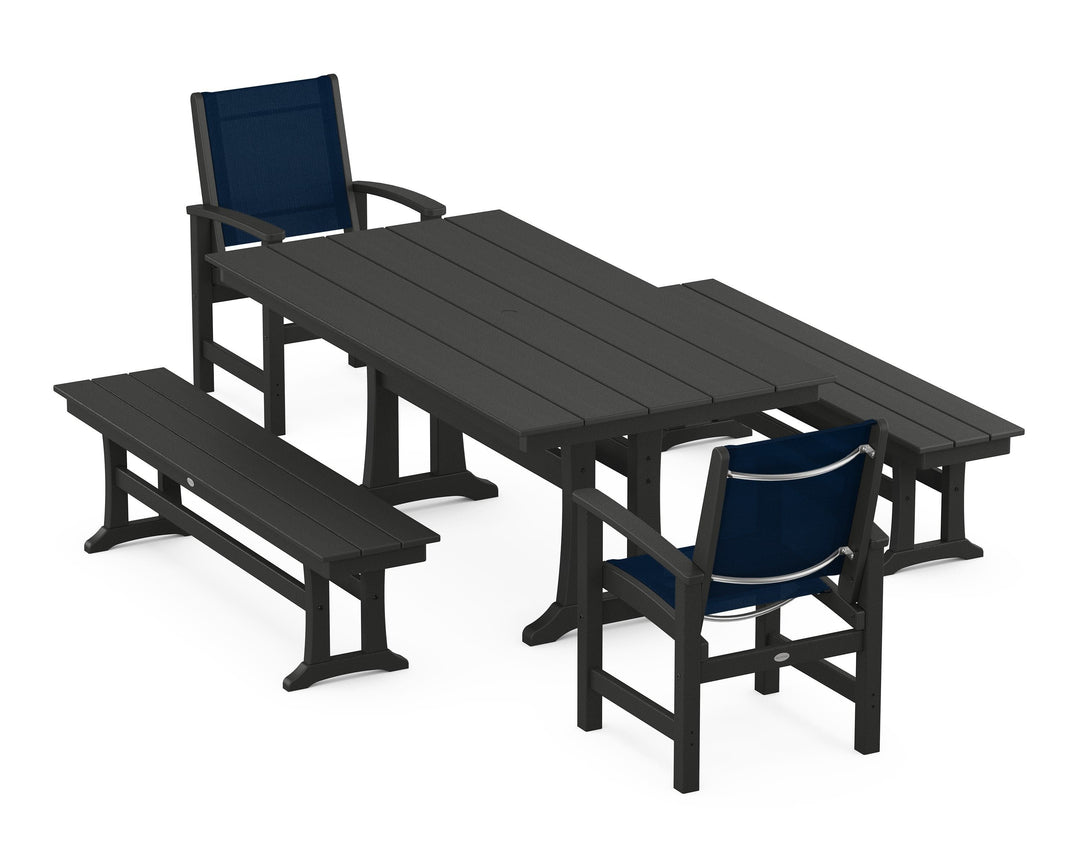 POLYWOOD® Coastal 5-Piece Farmhouse Dining Set with Trestle Legs and Benches