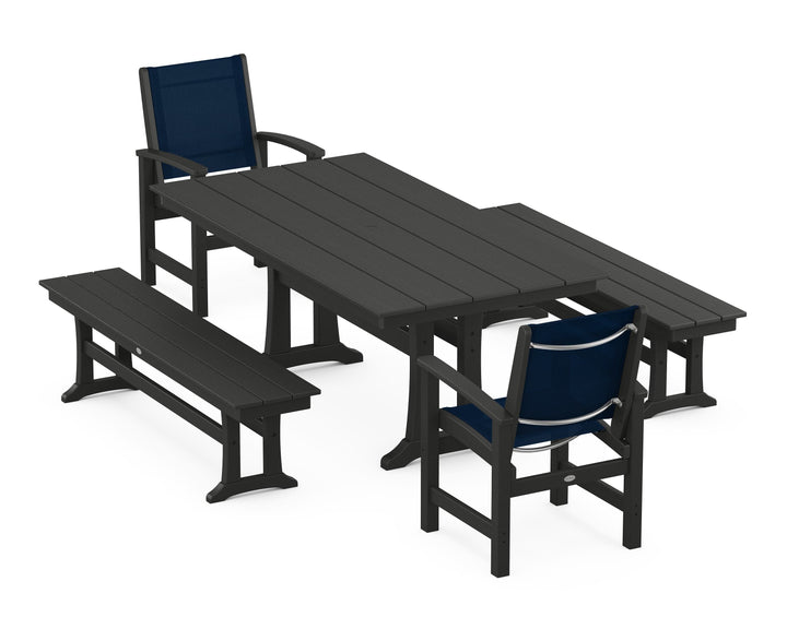 POLYWOOD® Coastal 5-Piece Farmhouse Dining Set with Trestle Legs and Benches