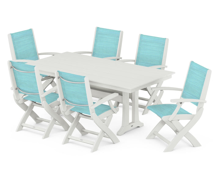 POLYWOOD® Coastal Folding Arm Chair 7-Piece Farmhouse Dining Set with Trestle Legs