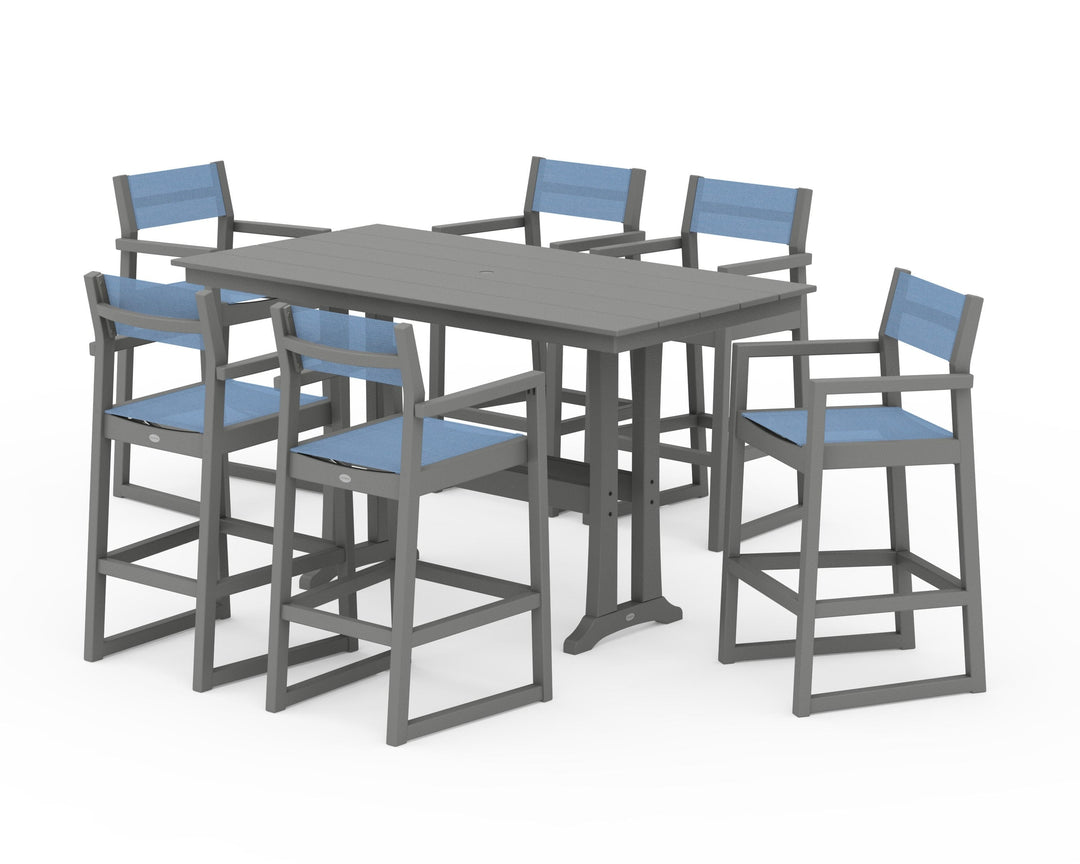 POLYWOOD® EDGE Sling Arm Chair 7-Piece Farmhouse Bar Set with Trestle Legs