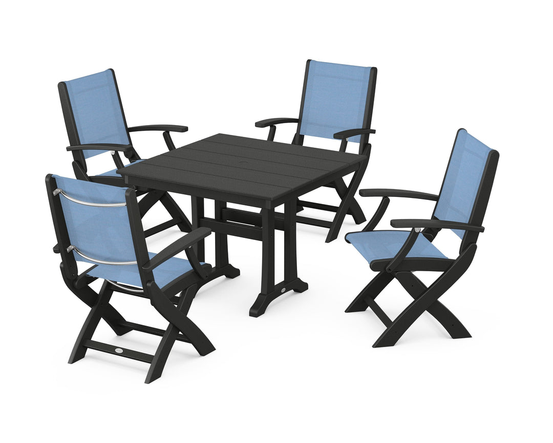 POLYWOOD® Coastal Folding Chair 5-Piece Farmhouse Dining Set With Trestle Legs