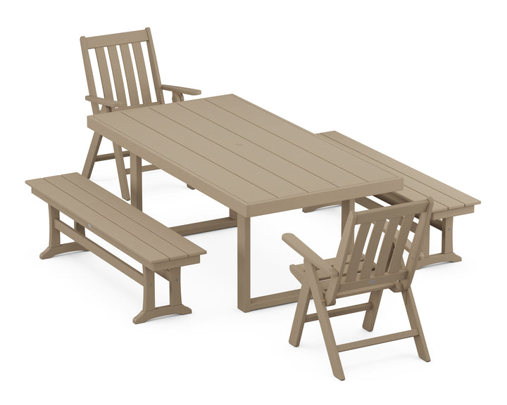POLYWOOD® Vineyard Folding Chair 5-Piece Dining Set with Benches