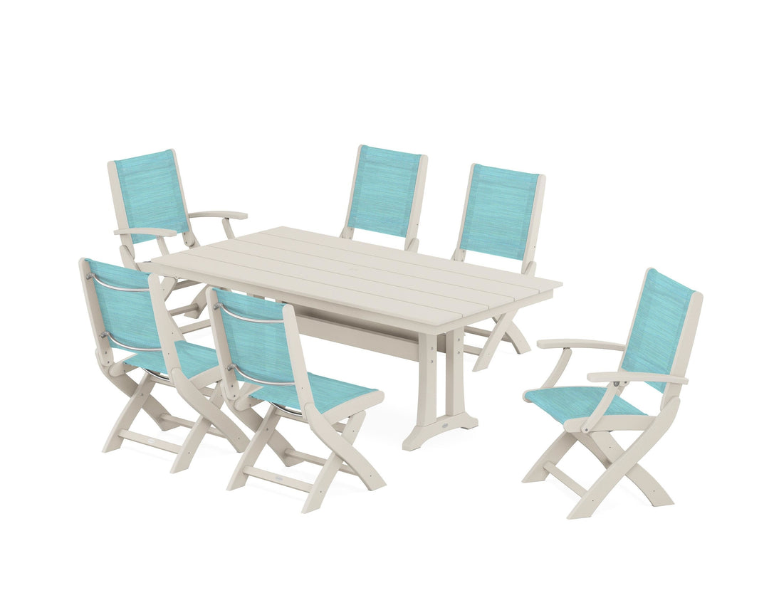 POLYWOOD® Coastal Folding Chair 7-Piece Farmhouse Dining Set with Trestle Legs