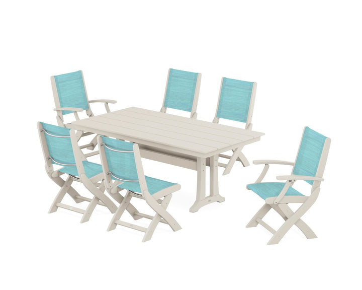 POLYWOOD® Coastal Folding Chair 7-Piece Farmhouse Dining Set with Trestle Legs