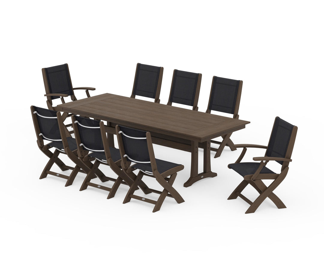 POLYWOOD® Coastal 9-Piece Folding Dining Chair Farmhouse Dining Set with Trestle Legs