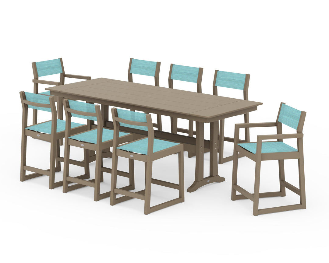 POLYWOOD® EDGE Sling 9-Piece Farmhouse Counter Set with Trestle Legs