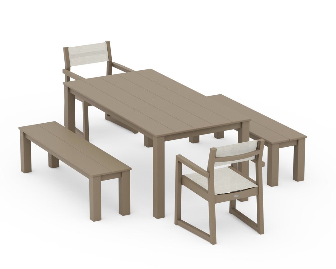 POLYWOOD® EDGE Sling Arm Chair 5-Piece Parsons Dining Set with Benches