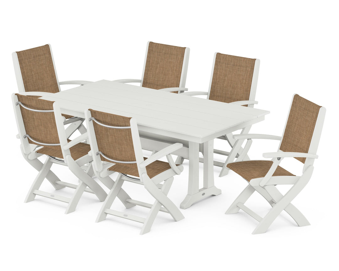 POLYWOOD® Coastal Folding Arm Chair 7-Piece Farmhouse Dining Set with Trestle Legs