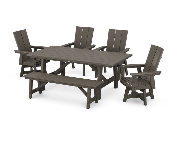 POLYWOOD® Modern Curveback Adirondack Swivel Chair 6-Piece Rustic Farmhouse Dining Set with Bench