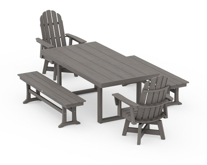 POLYWOOD® Vineyard Curveback Adirondack Swivel Chair 5-Piece Dining Set with Benches
