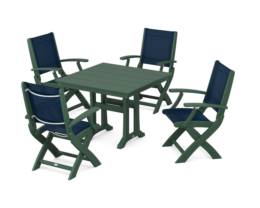 POLYWOOD® Coastal Folding Chair 5-Piece Farmhouse Dining Set With Trestle Legs