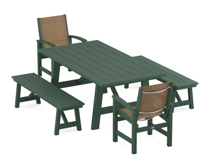 POLYWOOD® Coastal 5-Piece Rustic Farmhouse Dining Set With Benches