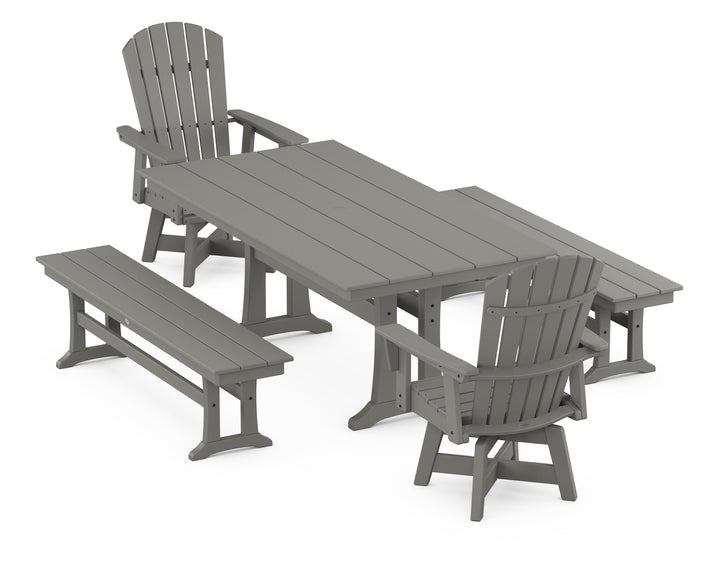 POLYWOOD® Nautical Curveback Adirondack Swivel Chair 5-Piece Farmhouse Dining Set With Trestle Legs and Benches