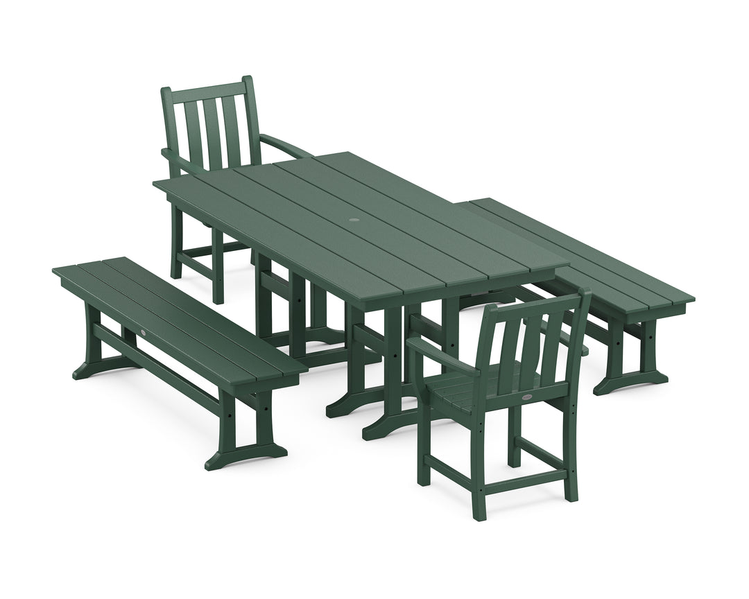 POLYWOOD® Traditional Garden 5-Piece Farmhouse Dining Set with Benches