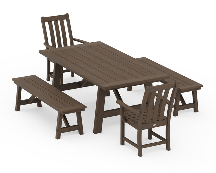 POLYWOOD® Vineyard 5-Piece Rustic Farmhouse Dining Set With Benches