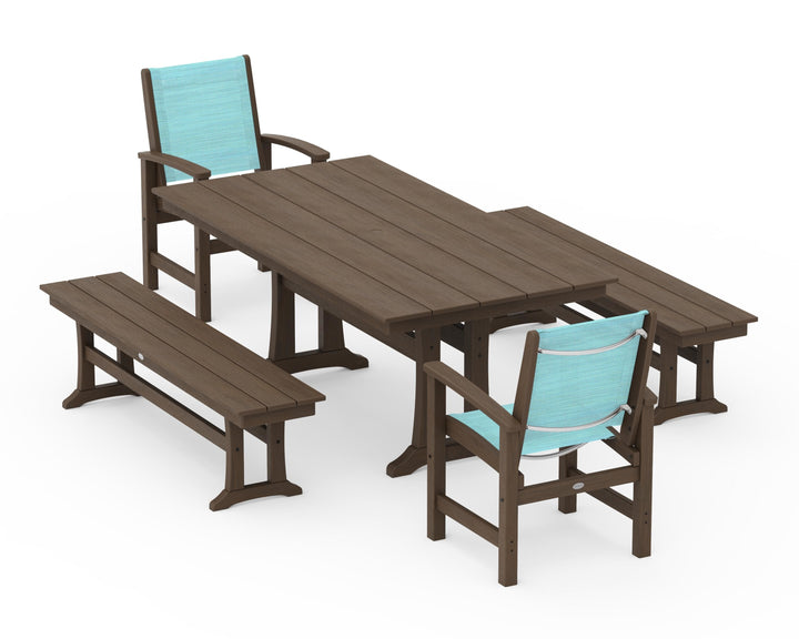 POLYWOOD® Coastal 5-Piece Farmhouse Dining Set with Trestle Legs and Benches