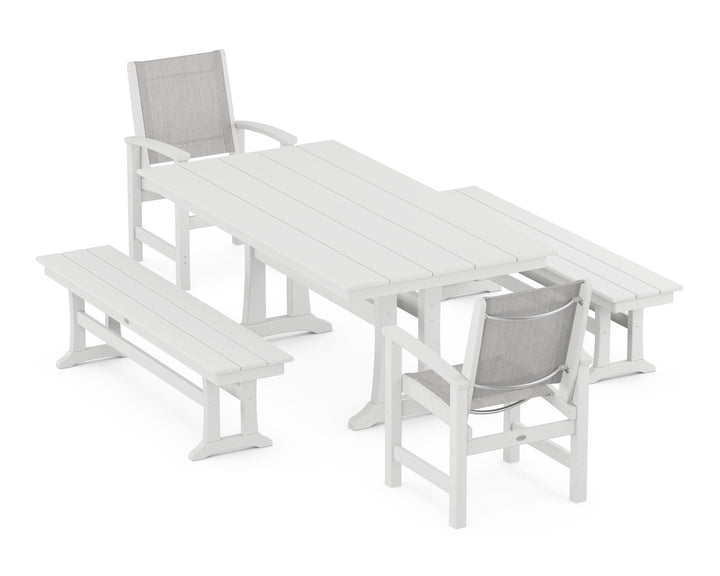 POLYWOOD® Coastal 5-Piece Farmhouse Dining Set with Trestle Legs and Benches