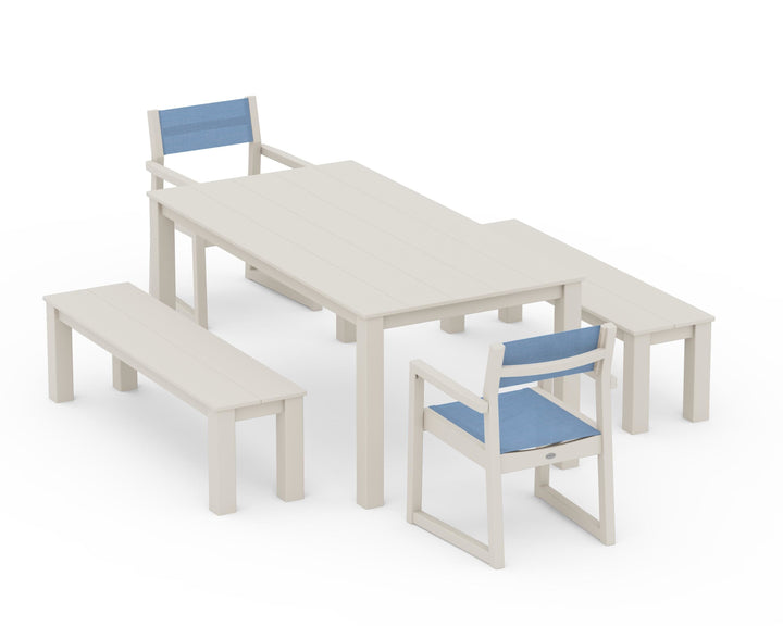 POLYWOOD® EDGE Sling Arm Chair 5-Piece Parsons Dining Set with Benches