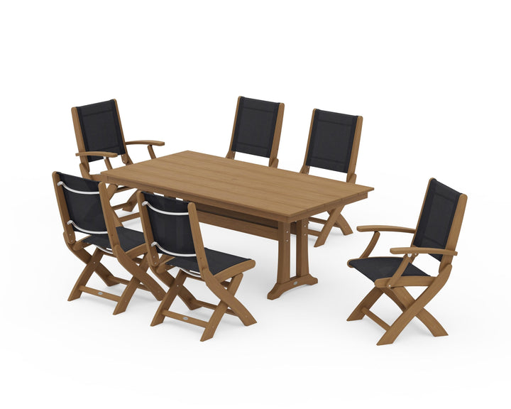 POLYWOOD® Coastal Folding Chair 7-Piece Farmhouse Dining Set with Trestle Legs