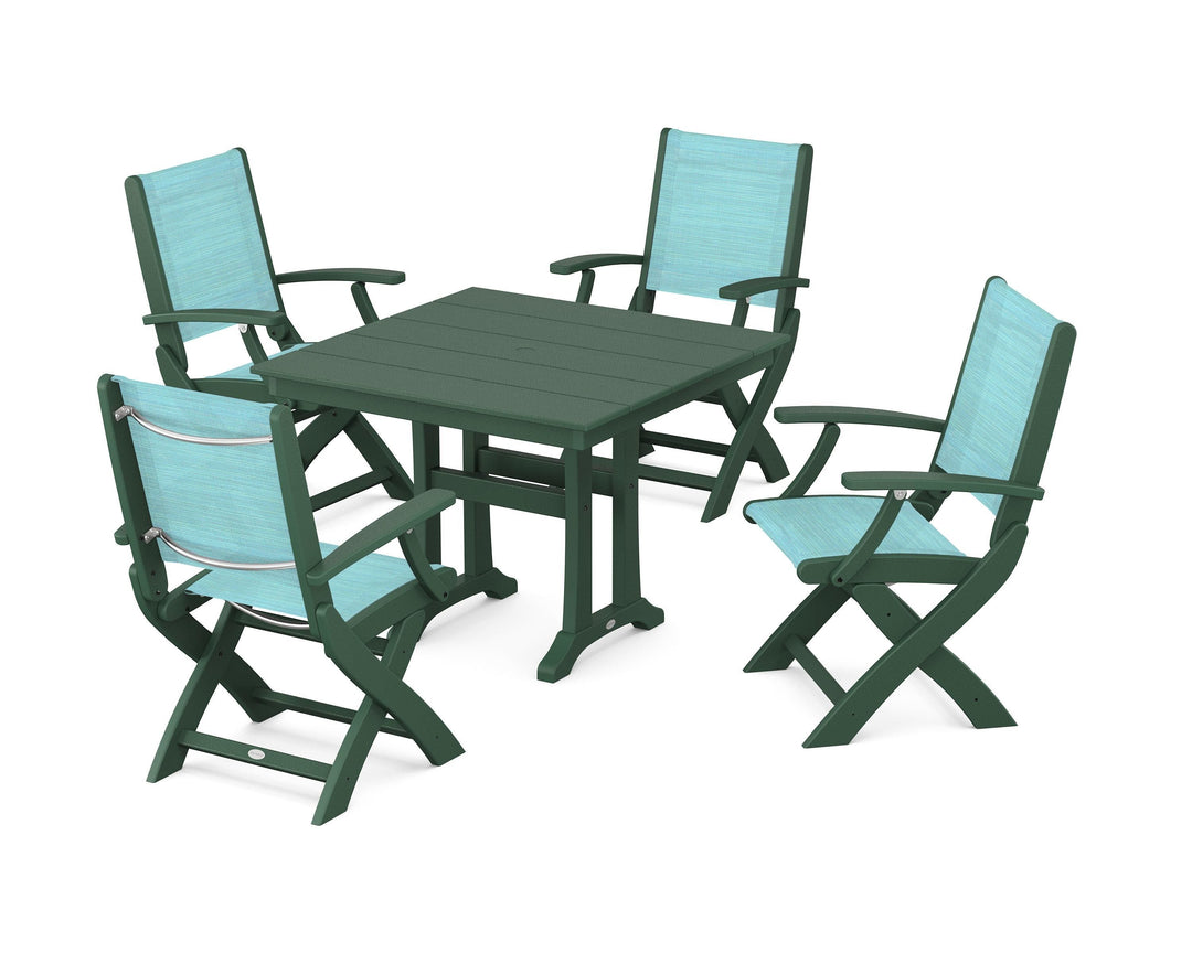 POLYWOOD® Coastal Folding Chair 5-Piece Farmhouse Dining Set With Trestle Legs